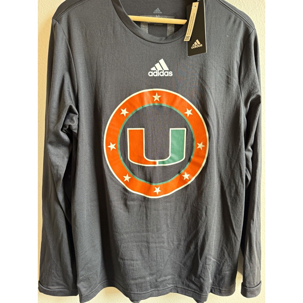 adidas Miami Hurricanes Black Long Sleeve Shirt Size M Orange Green White